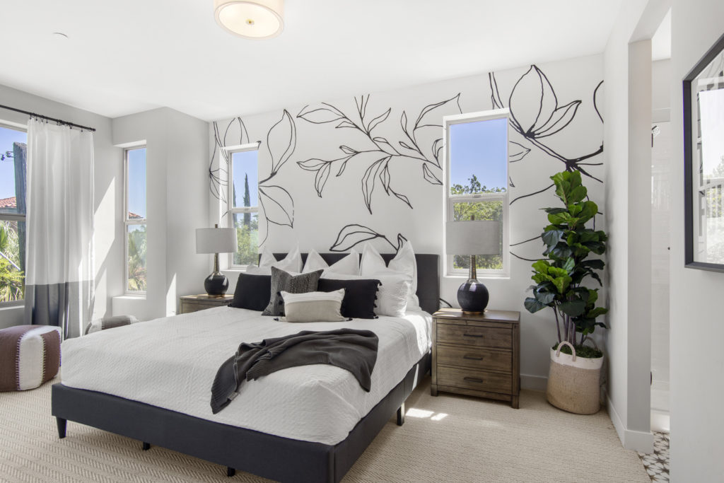 luxury bedroom with artistic wall