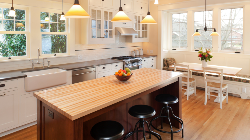 Wooden kitchen island, warm lights